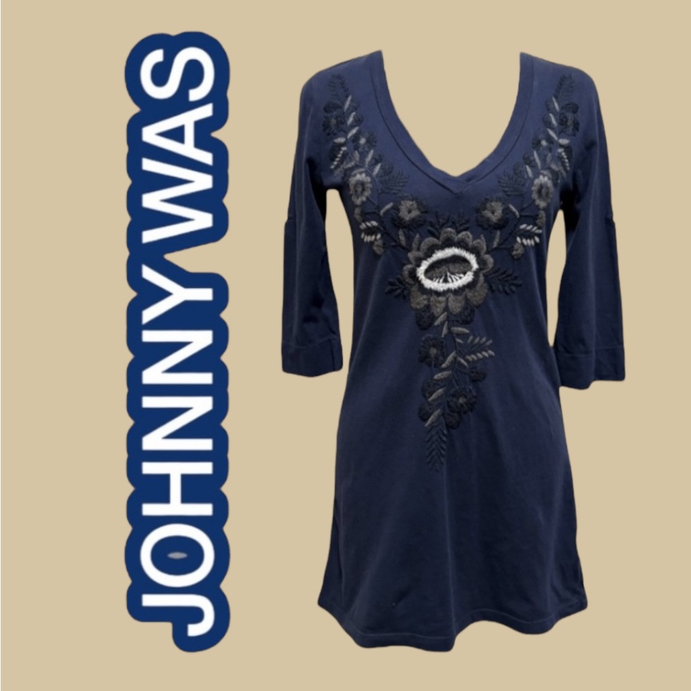 Johnny Was Los Angeles‎ Embroidered Floral Tunic Top Bohemian Chic Navy